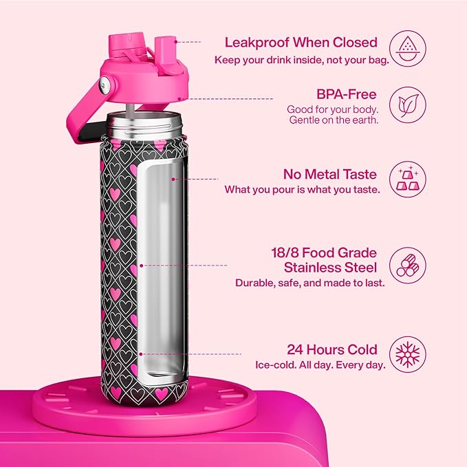 ENCOOL Valentine's Day Insulated Water Bottle with Straw Stainless Steel Water Bottle, Leak-Proof, BPA-Free, Keeps Cold for 24 Hours for Sports, Travel, School (26 oz, Bold Hearts Ember x Black)