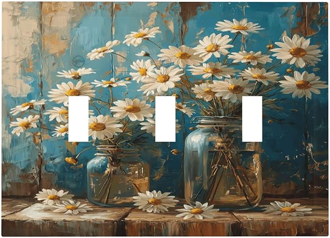 Delicate White Daisy Jars Retro Wood Background Decorative Switch Plates 3 Gang Wall Plate Triple Toggle Light Switch Cover Faceplate Electrical Wall Panels for Farmhouse Home Decor