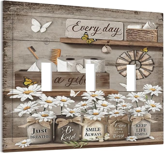 Rustic Daisy Flower Butterfly Inspirational Cottage Decorative Switch Plates 3 Gang Wall Plate Triple Toggle Light Switch Cover Faceplate Electrical Wall Panels for Farmhouse Bedroom Decor