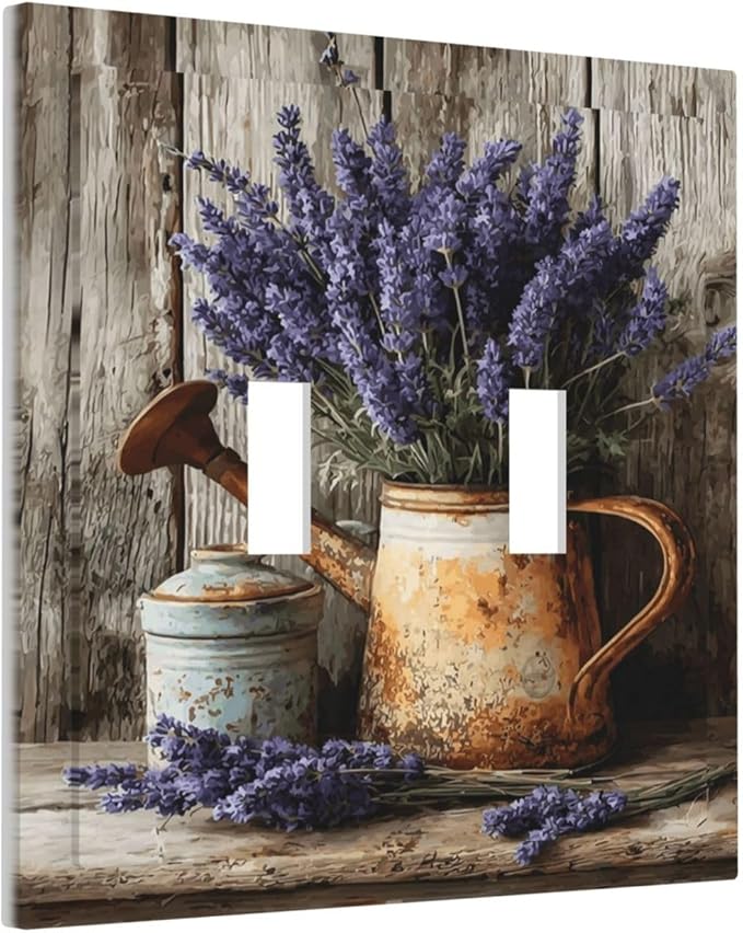 Rustic Flowers Lavender Purple Floral Oil Painting Decorative Switch Plates 2 Gang Double Toggle Outlet Light Switch Cover Wall Plate Electrical Faceplate for Farmhouse Bedroom Decor