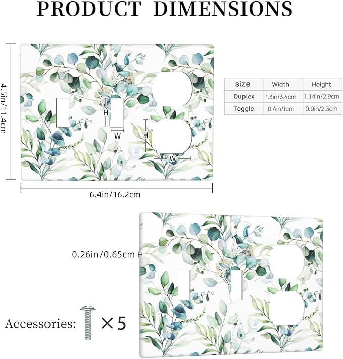 Green Olive Sage Eucalyptus Leaves 3-Gang 2-Toggle 1-Duplex Receptacle Combination Light Switch Decorative Triple Combo Device Switches/Rocker Outlet Covers and Wall Plate