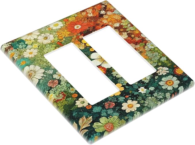 Light Switch Cover Plate Colorful Flowers Green Plants Meadow Floral 2 Gang Double Rocker Outlet Covers Decorative Switch plates Electrical Wall Plates GFCI Receptacle for Bathroom Bedroom