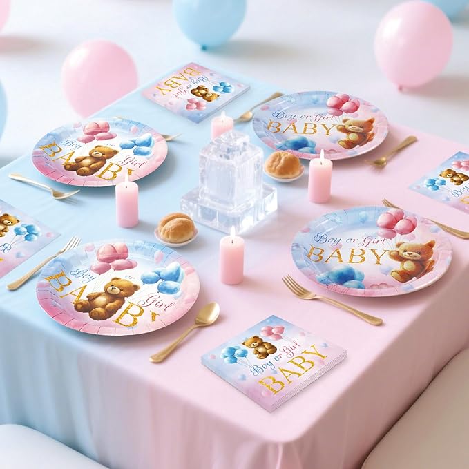 40 Pcs Gender Reveal Decorations - Boy or Girl Plates and Napkins Set, Pink and Blue Baby Bear Paper Plates Napkins Disposable Tableware for Gender Reveal Party Supplies Table Decor Favors, Serve 20