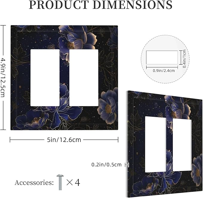Navy Blue Floral Vintage Flower Dark Watercolor Decorative Outlet Covers 2 Gang Double GFCI Rocker Electrical Wall Panels Light Switch Cover Plate for Bedroom Living Room Decor