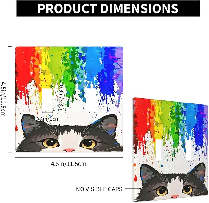Cat Rainbow Double Toggle Wall Plate Decorative 2 Gang Light Switch Covers Electrical Switchplate Home Decorate Faceplat for Bathroom Bedroom Kitchen Room 4.5 x 4.5 Inch