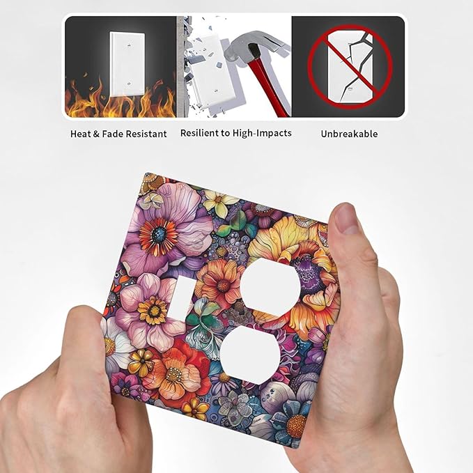 Wallplates Colorful Bohemian Flowers Vintage Boho Floral 1 Toggle 1 Duplex Switch Plate Electrical GFCI Faceplate Decorative Light Switch Covers for Bed Room living Room Decor