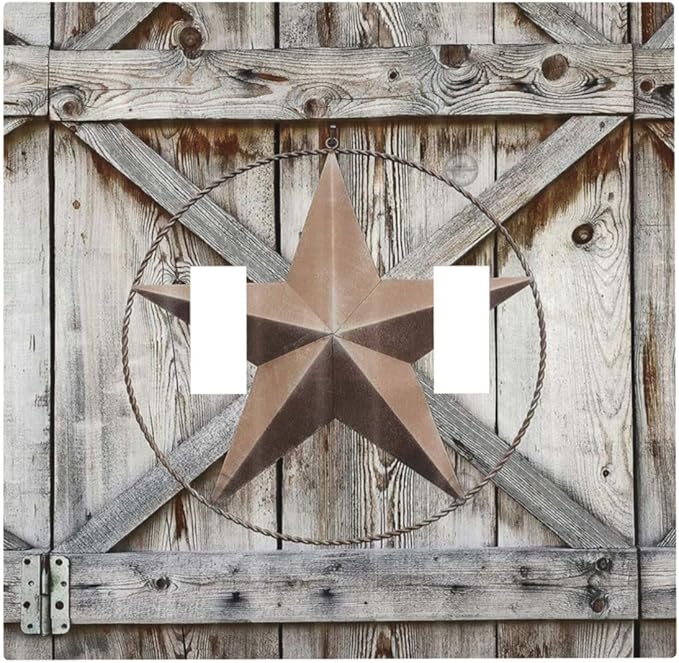 Rustic Western Texas Star Barn Door Double Toggle Light Switch Cover Decorative Vintage Wood 2 Gang Wall Plate Electrical Faceplate Switchplate for Farmhouse Bathroom Home Living Room Decor