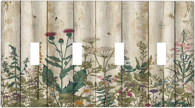 Vintage Wild Flowers Botanical Green Leaves Plants Quad Toggle Light Switch Covers Decorative Rustic Wood Plank 4 Gang Wall Plate Electrical Faceplate Switchplate for Farmhouse Bedroom Decor