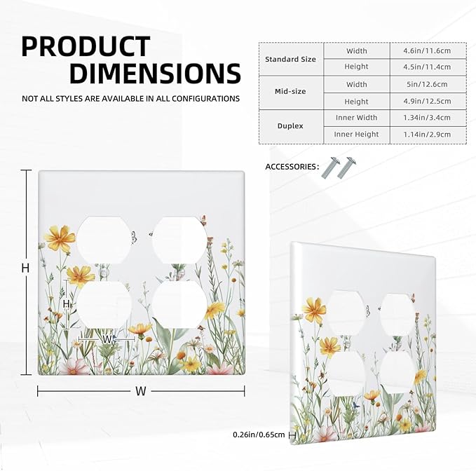 Decorative Light Switch Cover Plate Rustic Colorful Floral Butterfly Watercolor Flowers 2 Gang Decorative Switch Plates 1 Toggle Duplex Combo Outlet Covers GFCI Plug Covers Wallplates for Bathroom