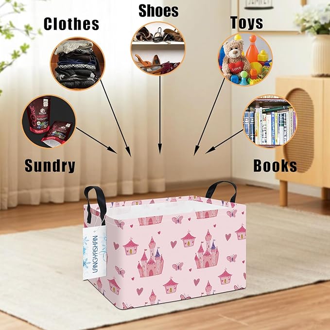 LANGYASHAN Rectangular Girl Storage Bin Collapse Canvas Fabric Cartoon Storage Basket with Handles for Organizing Home Kitchen Boys and Girls Toys Office Closet Shelf Baskets (Rec Pink Castle)