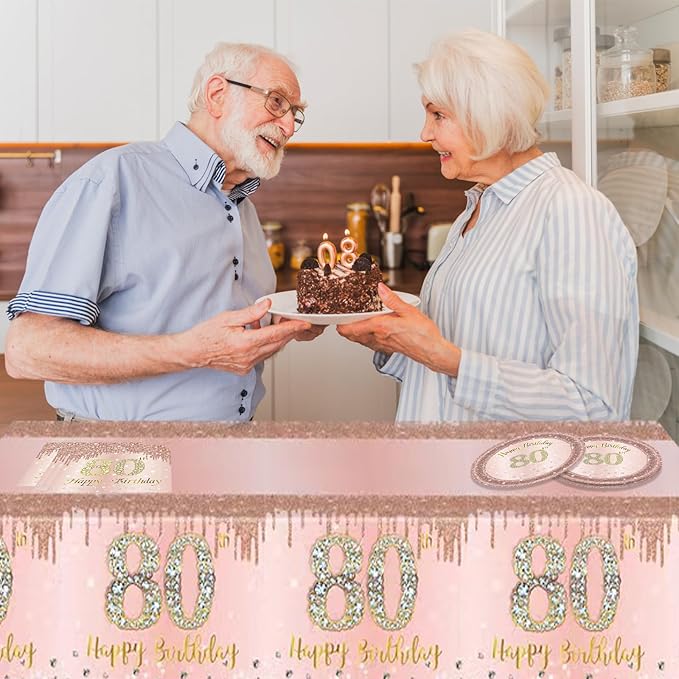 Ryzovo 41Pcs 80th Birthday Decorations, Rose Gold Birthday Party Supplies Include 20Pcs Plates 20Pcs Napkins and 1Piece Tablecloth, Sweet Eighty Year Old Birth Party Tableware for Girl Ladies Women