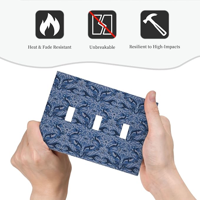 Blue Modern Nautical Art Whale Fish Ocean Damascus Decorative Switch Plates 3 Gang Wall Plate Triple Toggle Light Switch Cover Faceplate Electrical Wall Panels for Bedroom Living Room Decor