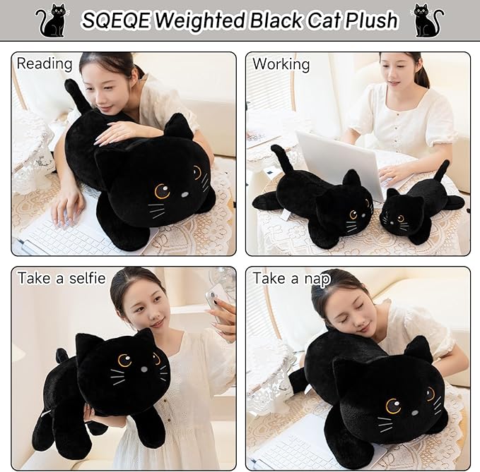 SQEQE Weighted Stuffed Animals Black Cat, Weighted Black Cat Plush, Plushies for Cozy Comfort, Soft Black Cat Pillow Toy for Kids Adults, Christmas & Valentines Gift 9.8 Inch, 0.8 Lb