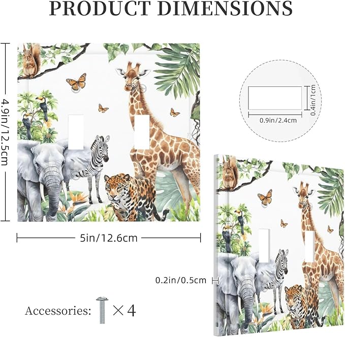 Elephant Giraffe Jungle Animals Leopard Zoo Decorative Switch Plates 2 Gang Double Toggle Outlet Light Switch Cover Wall Plate Electrical Faceplate for Kids Room Nursery Decor