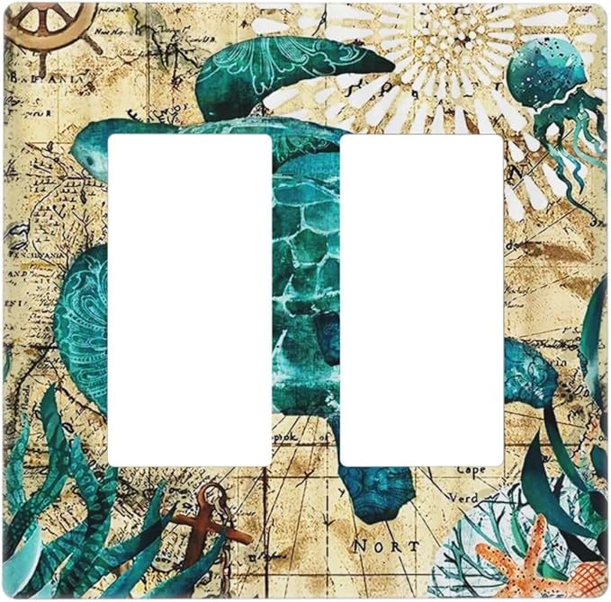 Yellow Nautical Ocean Map Tortoise Turtles 2 Gang Double Rocker/Decorator Outlet Light Switch Cover Summer Beach Coral Decorative Dual Device Gfci Receptacle Switch Wall Plate Cover