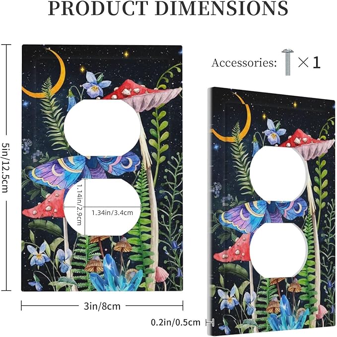 1 Gang Duplex Receptacle Outlet Cover Gothic Boho Hippie Butterfly Mushroom Plants Starry Moon Night Stars Botanical Moth Electrical Wall Plate One Gang Dual Device Light Switch Faceplate Socket Cover