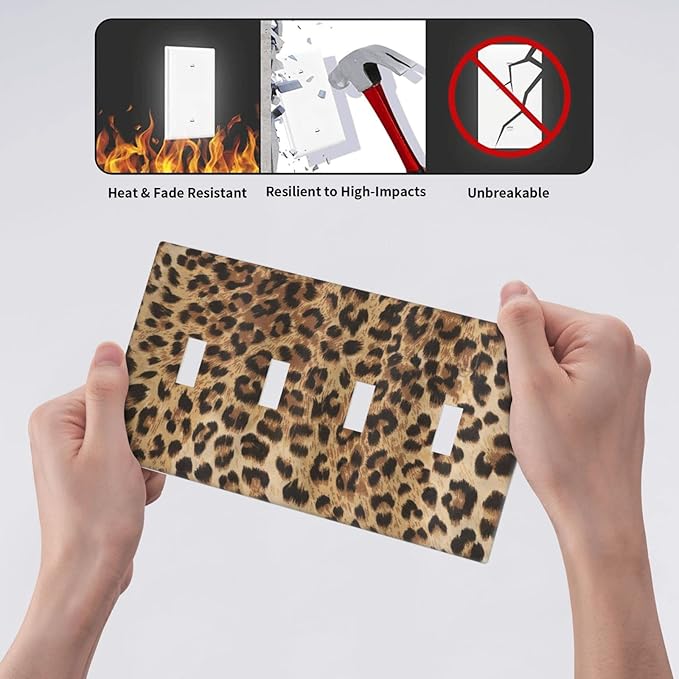 Classic Leopard Cheetah 4 Gang Light Switch Cover Decorative Quad Toggle Wall Plate Decorative Electrical Faceplate For Girls Boys Home Bedroom Decorate Large Size 8" x 4.5