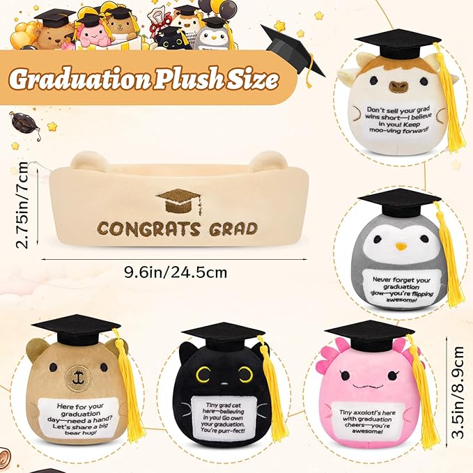 6 Pcs Emotional Support Plush Set,Graduation Stuffed Animal 2026 with Basket & Graduations Words,Cute Graduation Plush for Kids Men Women,Graduation Gifts for Kindergarten,High School College