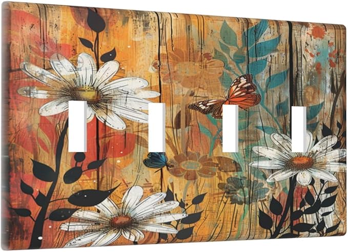 Light Switch Cover Plate Vintage Wooden Daisies Butterflies Floral 4 Gang Quad Toggle Decorative Switch Plates Electrical Wall Plates Faceplate for Bathroom Farmhouse Decor