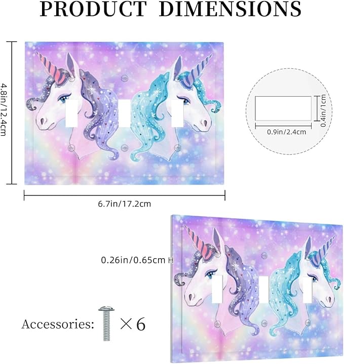 Cute Colorful Purple/Blue Rainbow Unicorn 3 Gang Toggle Light Switch Cover, Cute Kid Girls Girly Fantasy Decorative Three Device Triple Toggle Switch Face Wall Plate Electrical Decorator Outlet Cover