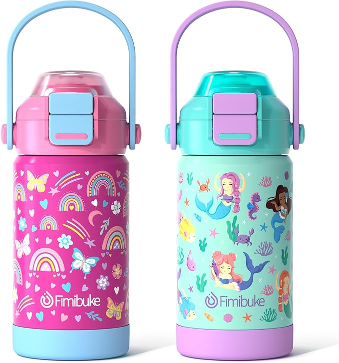 Fimibuke Kids Insulated Water Bottle with Pop-Open Straw & Spout 2-in-1 Lid, 14oz Leak Proof 18/8 Stainless Steel Vacuum Tumbler, BPA-Free Kids Cup For Travel School Girls Boys Toddler 2Packs