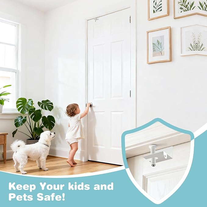 Child Safety Door Top Lock, Adjustable Metal Child Proof Door Top Locks for Interior&Exterior&French Doors, Lock & Unlock from Both Sides for Stop Kids Pets, Fit 0.6-2 inch Thick Doors (2Pack White)