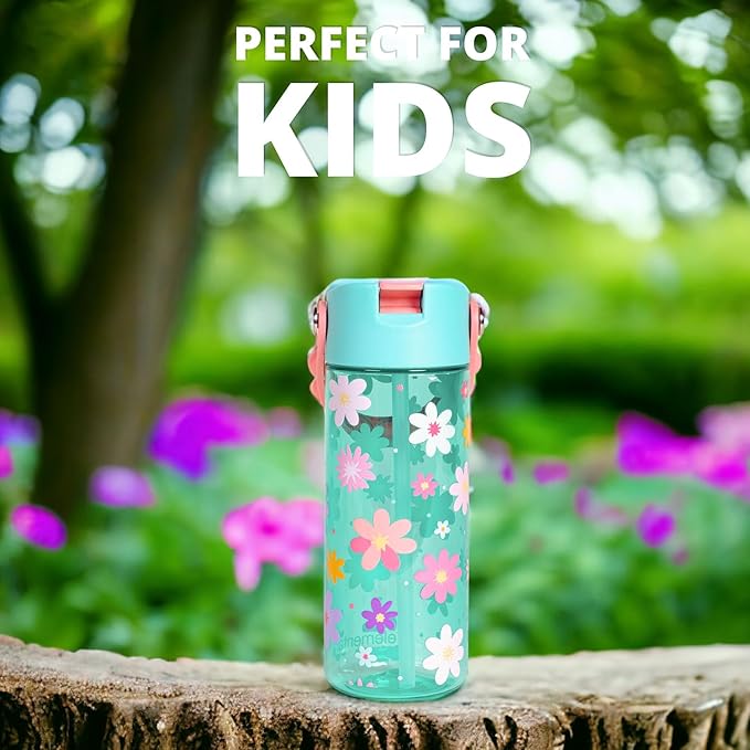 Elemental Water Bottles for Kids - Splash Kids Water Bottle for School with Pop-it Handle - BPA Free Tritan Plastic Water Bottle with Straw Leak Proof when Spout is Closed Spring Blossom Green-18oz
