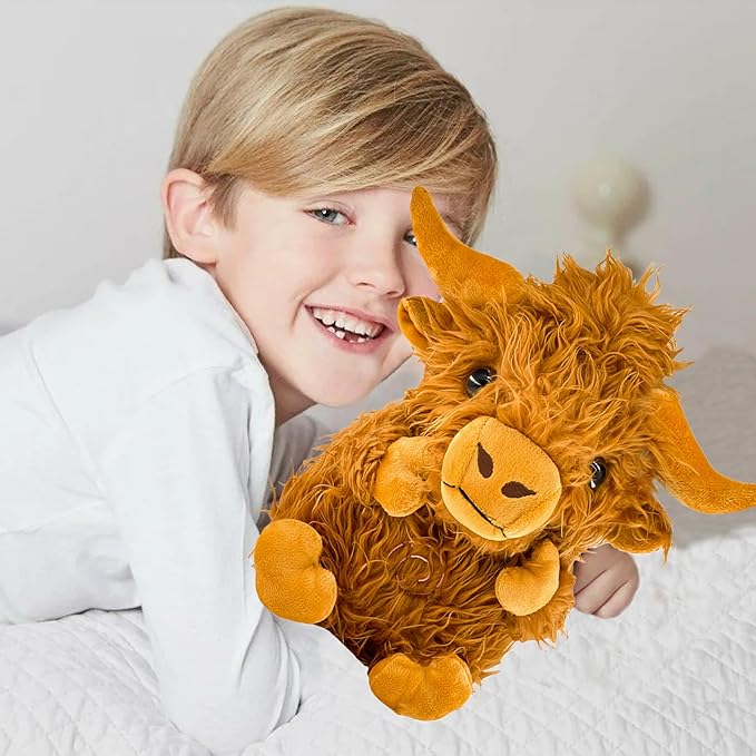 Highland Cow Soothing Breathing Stuffed Animal for Anxiety Kids, Sleeping Cow Plush Toy, Anxiety Stuffed Animal with Realistic Breathing Action and Lighted Music Easter Basket Stuffers