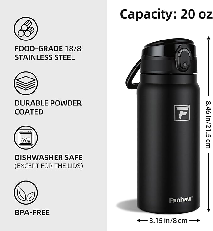 Fanhaw 20 Oz Insulated Stainless Steel Water Bottle with Chug Lid – Wide Mouth, Leak-Proof, BPA-Free – Ideal for Kids, Adults, Sports, Gym, and Outdoor Use (Black)