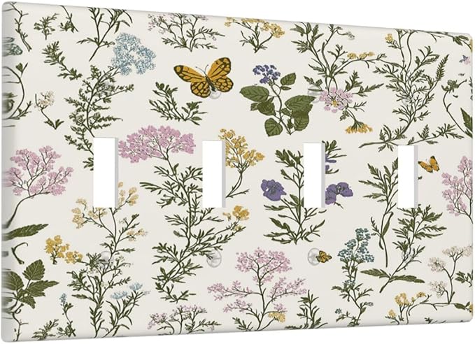 Light Switch Covers Vintage Colorful Flowers Butterfly Floral Quad Toggle Electrical Faceplate 4 Gang Wall Plate Decorative Switch Plates For Bed Room Living Room Decor
