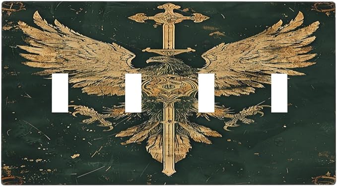 Medieval Retro Golden Eagle Totem Light Switch Covers Quad Toggle 4 Gang Wall Plate Decorative Switch Plates Electrical Faceplate for Bedroom Living Room Decor