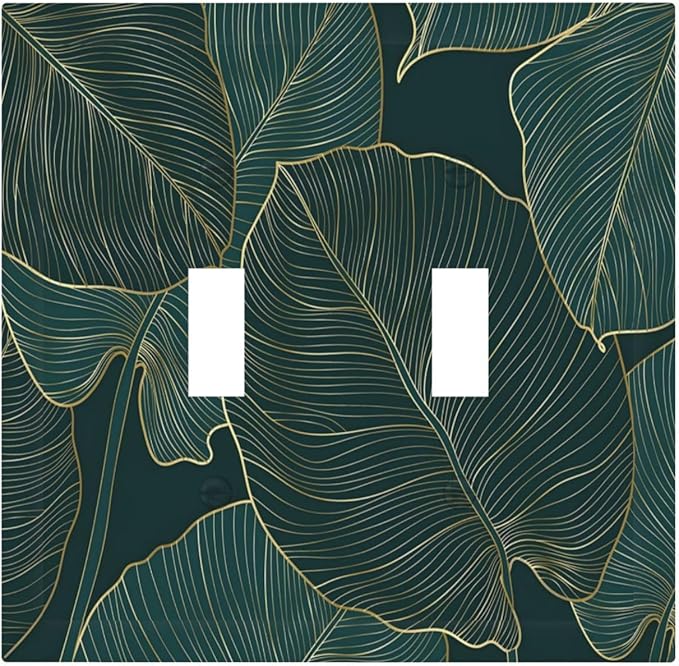 Gold Tropical Green Botanical Palm Leaves Decorative Switch Plates 2 Gang Double Toggle Outlet Light Switch Cover Wall Plate Electrical Faceplate for Bedroom Living Room Decor