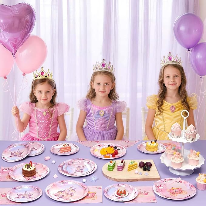 WERNNSAI Princess Party Decorations - 48PCS Princess Birthday Decorations Set Includes Plates Napkins Castle Crown Design for Pink Themed Birthday Party Picnic Wedding Serves 16 Guests