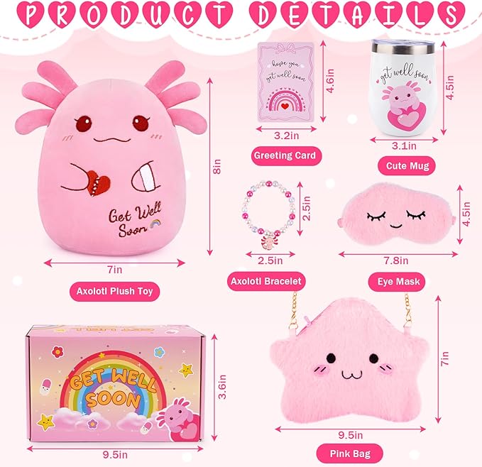 Get Well Gifts for Kids, Feel Better Gifts for Kids, Get Well Soon Basket with 8 inch Axolotl Get Well Soon Stuffed Animals, Get Well Gift Set for Girls After Surgery