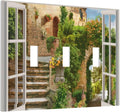 Mediterranean Greece Scene Flowers Triple Toggle Light Switch Cover 3 Gang Wall Plate Decorative Italian Town from Another Window Electrical Facplate for Bathroom Kitchen Home 6.7" x 4.8"