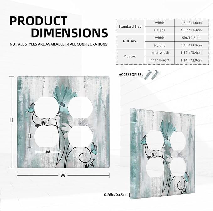 Teal Daisy Vintage Flower Butterfly Rustic Wood Print Outlet Covers 2 Gang Double Duplex Decorative Light Switch Covers Electrical Wallplates Socket Faceplate for Farmhouse Home Decor