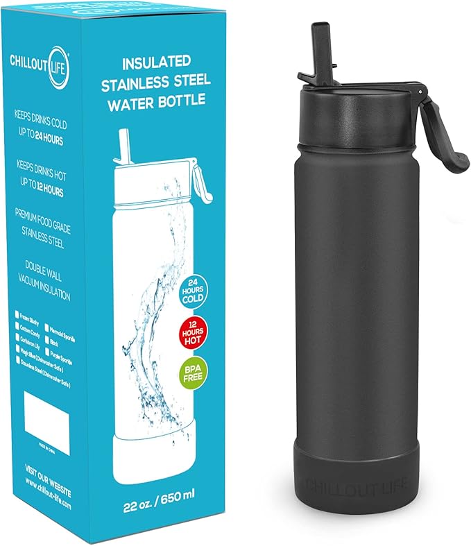 CHILLOUT LIFE 22 oz Kids Insulated Water Bottle for School with Straw Lid Leakproof and Cute Waterproof Stickers, Personalized Stainless Steel Thermos Flask Metal Water Bottle, Black