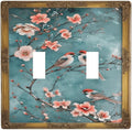 Decorative Art Light Switch Covers Vintage Chinoiserie Oriental - Teal Birds and Floral Branch 2 Gang Double Toggle Wall Plate Decorative Switchcover Electrical Switchplate for Home Decor