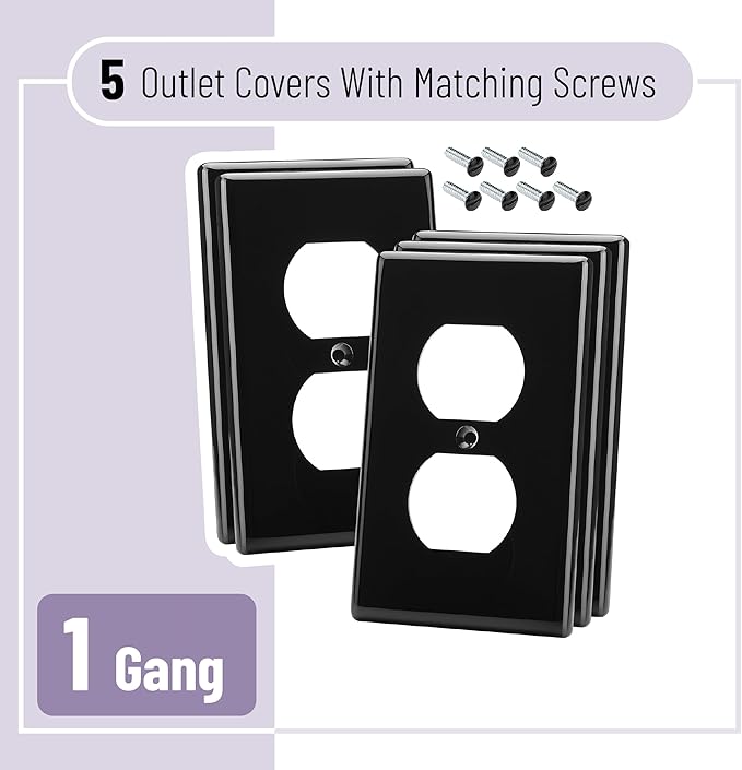 Bates- Duplex Wall Plate, 5 Pack, Black, Electrical Outlet Cover Plates, Wall Outlet Cover