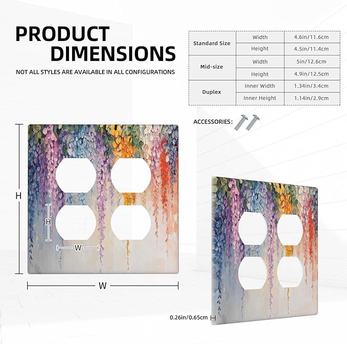 Colorful Wildflower Wisteria Cascade Floral Flower Outlet Covers 2 Gang Double Duplex Decorative Light Switch Covers Electrical Wallplates Socket Faceplate for Bedroom Living Room Decor