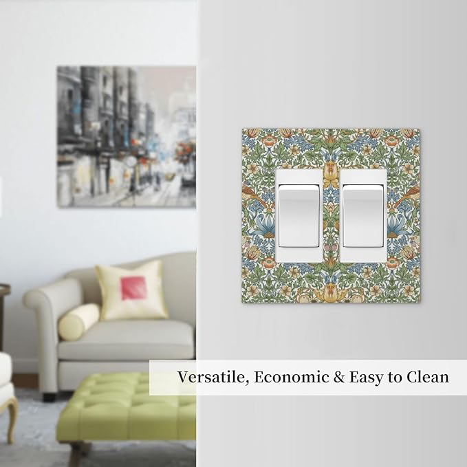 William Morris Strawberry Thrush Birds Double Rocker Light Switch Cover Vintage Floral Flowers Plant 2 Gang Outlet Covers Switchplates Decorative Electrical Wall Plate for Country Home Decor