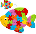 LovesTown Wooden Puzzles for Kids, Double Sided Goldfish Jigsaw with Alphabet & Numbers, Montessori Educational Toy for Toddlers, Chunky Animal Gift