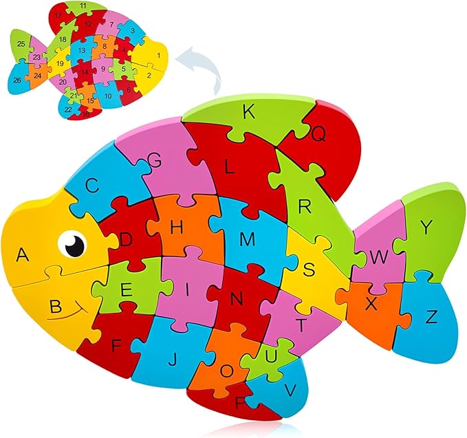 LovesTown Wooden Puzzles for Kids, Double Sided Goldfish Jigsaw with Alphabet & Numbers, Montessori Educational Toy for Toddlers, Chunky Animal Gift