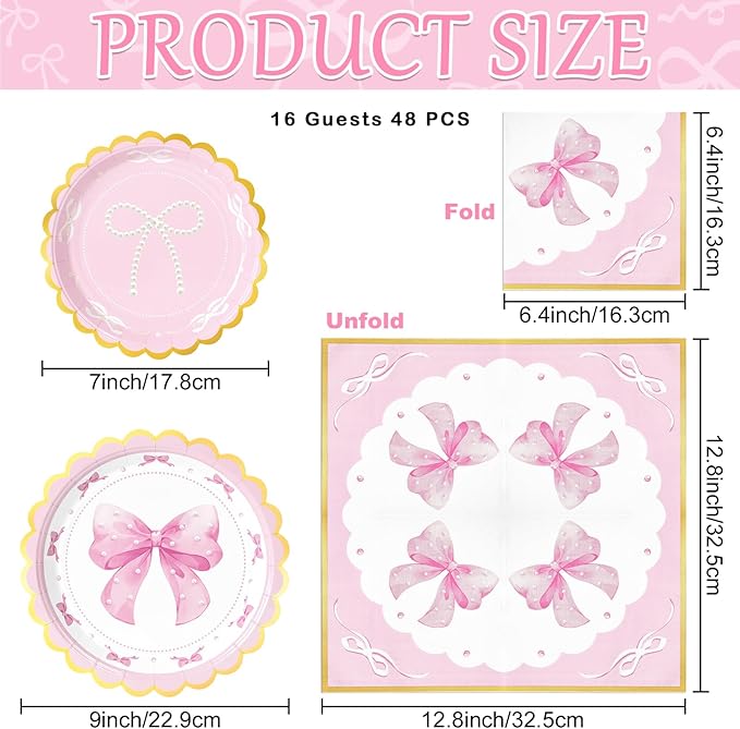 WERNNSAI Pink Bow Birthday Decorations - 48PCS Bow Plates and Napkins Coquette Birthday Decorations Pink Paper Plates and Napkins for Kids Girls Bachelorette Wedding Supplies Serves 16 Guests