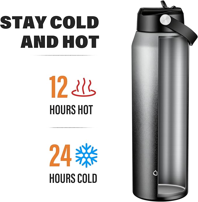 Oldley 32oz Insulated Water Bottle with Straw, Stainless Steel Water Bottle for Sports, Travel, School, BPA-Free Sports Bottles for Adult Kids, Leak-Proof, Gray-Black