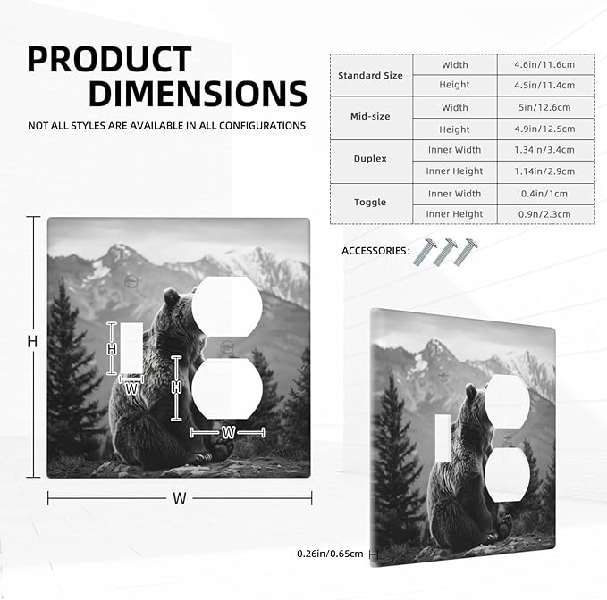 Light Switch Cover Plate Black White Bear Mountain Pine Trees Wilderness 2 Gang Decorative Switch Plates 1 Toggle Duplex Combo Outlet Covers GFCI Wall Plates for Bathroom Bedroom Decor