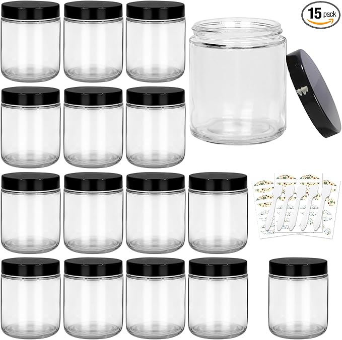 8 oz Clear Glass Jars with Plastic Lids - 15 Pack 240 ml Round Empty Candle Containers, Jars, Canning Jar for Candle Making, Spice, Food Storage, Sample