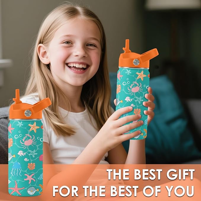 Ocean Gifts for Kids - 16 Oz Green Water Bottle with Straw Lid, Stainless Steel Insulated Tumbler, Leak Proof, BPA-Free, for Girls & Boys, School, Beach - Marine Life Lovers Birthday Gifts (1pc)