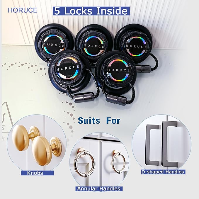 5 Pack Cabinet Locks Baby Proofing For Knobs & Handles, Length Adjustable Child Safety Locks, Easy to Use Safety Child Locks No Drill No Screws No Adhesive No Magnets No Tools. (Black)