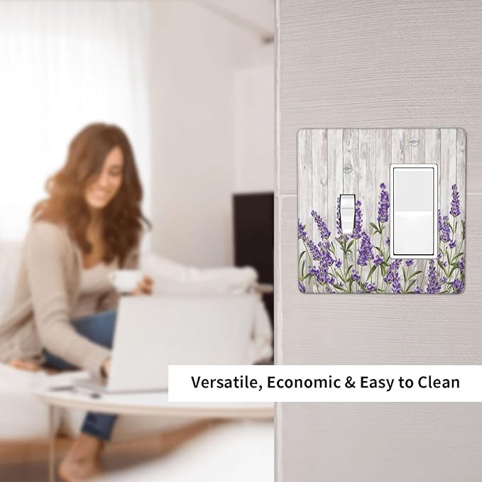 Purple Lavender Rustic Wooden Flowers Floral Plant Outlet Covers 1 Toggle 1 Rocker Combination Decorative Wall Plate Electrical Switch Plates Light Switch Cover Plate for Farmhouse Living Room Decor